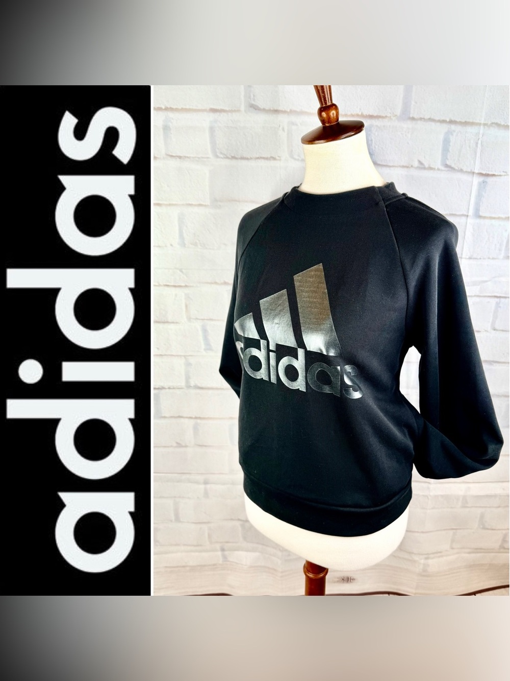 { Adidas } Black Crewneck Logo Sweatshirt with Rear Zip